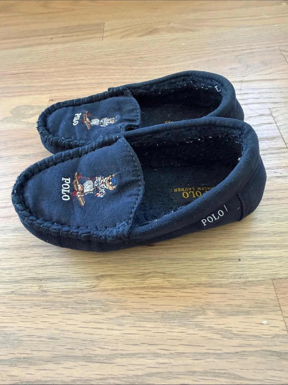 Polo Ralph Lauren Polo Bear Ski Bear Moccasin Slippers Navy Blue Embroidered